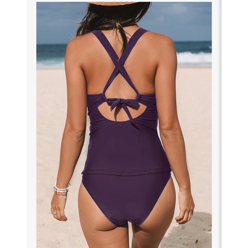 Cupshe Purple Ruched V-Neck Tie Back Tankini Set Swimsuit Women Large - Picture 2 of 7